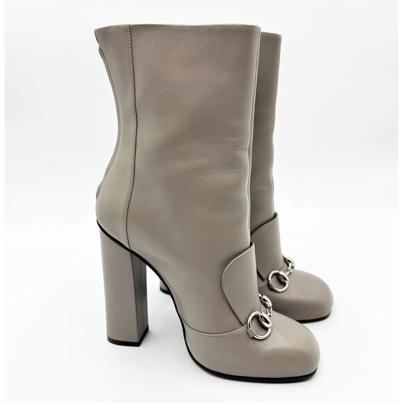 Gucci Horsebit Leather Twiggy Boots Grey Block Heels Size 38.5, 8.5 - Picture 1 of 15
